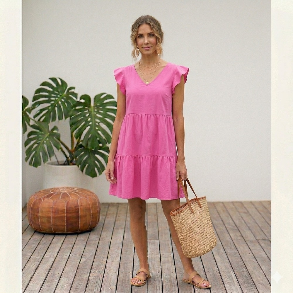 Goodthreads Tiered Mini Dress Women's XS Linen Cotton Barbie Pink Cap Sleeves‎